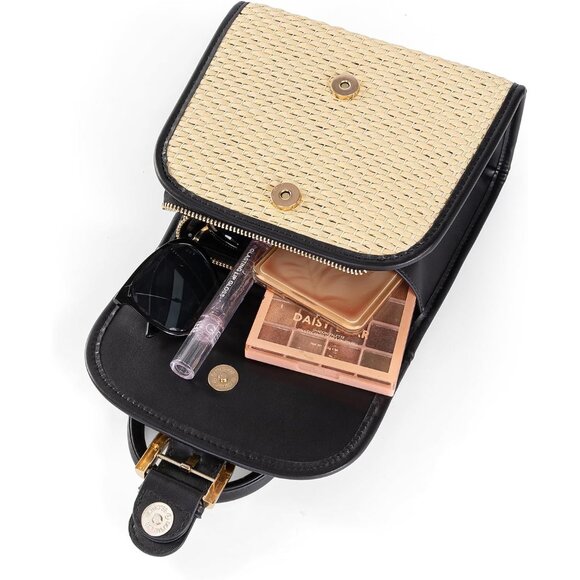 Retro Straw Woven Women's Small Cross Body Shoulder Messenger Handbag Beige-blac - Picture 6 of 7